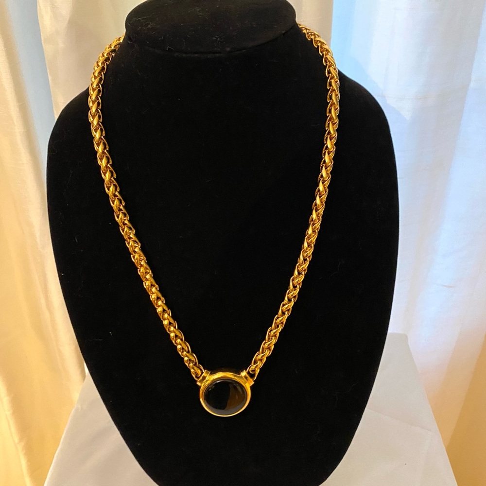 Vintage Napier Russian Weave Gold Tone Black Cabochon/Faux Onyx Necklace 24"